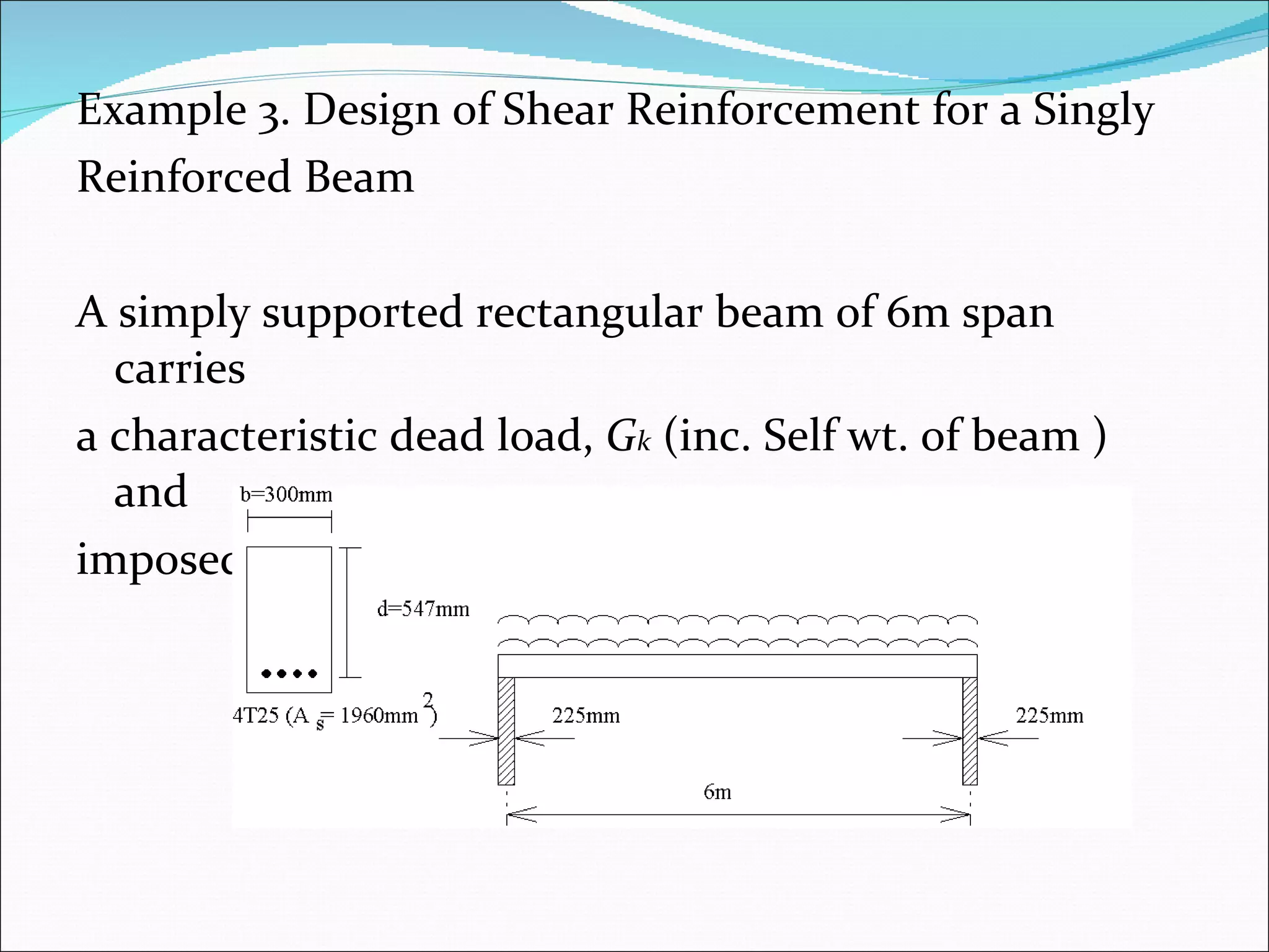 Example 3. Design of Shear Reinforcement for a Singly  Reinforced Beam A simply supported rectangular beam of 6m span carries  a characteristic dead load,  G k  (inc. Self wt. of beam ) and  imposed loads ( Q k  ) of 10 kN/m respectively. 