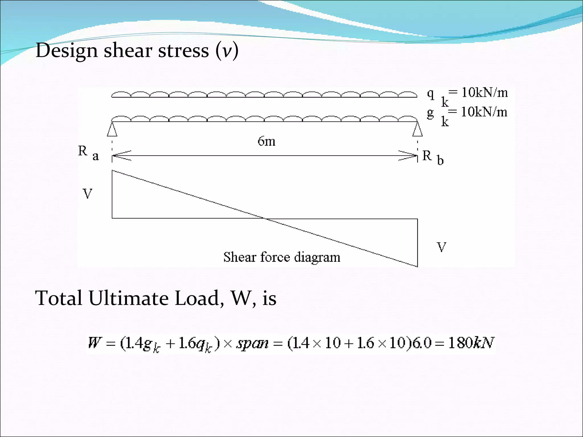 Design shear stress ( v ) Total Ultimate Load, W, is 