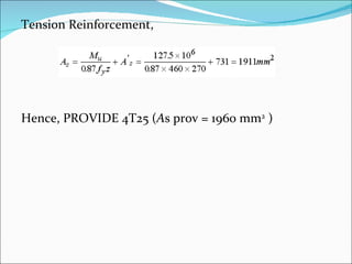 Tension Reinforcement, Hence, PROVIDE 4T25 ( A s prov = 1960 mm 2  ) 