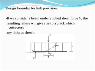 Design formulae for link provision: -If we consider a beam under applied shear force  V , the  resulting failure will give rise to a crack which cutsacross  any links as shown: 