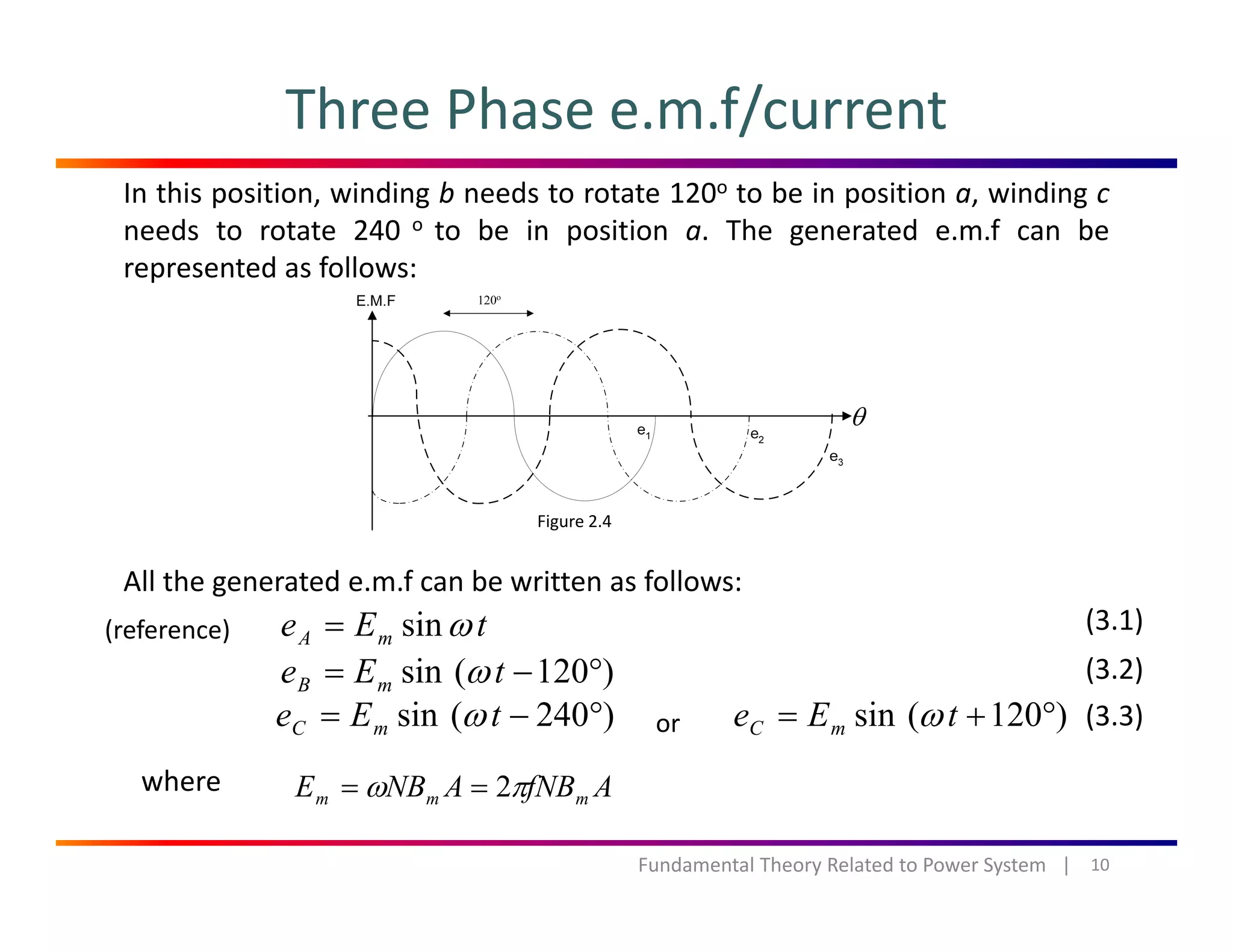 Three Phase e.m.f/current
In this position, winding b needs to rotate 120o to be in position a, winding c
needs to rotate 240 o to be in position a. The generated e.m.f can be
represented as follows:
θθ
Figure 2.4
All the generated e.m.f can be written as follows:
tEe mA ωsin= (3.1)(reference)
)120(sin °−= tEe mB ω
)240(sin °−= tEe mC ω )120(sin °+= tEe mC ω
(3.2)
(3.3)
AfA 2h
or
10Fundamental Theory Related to Power System   |
AfNBANBE mmm πω 2==where
 