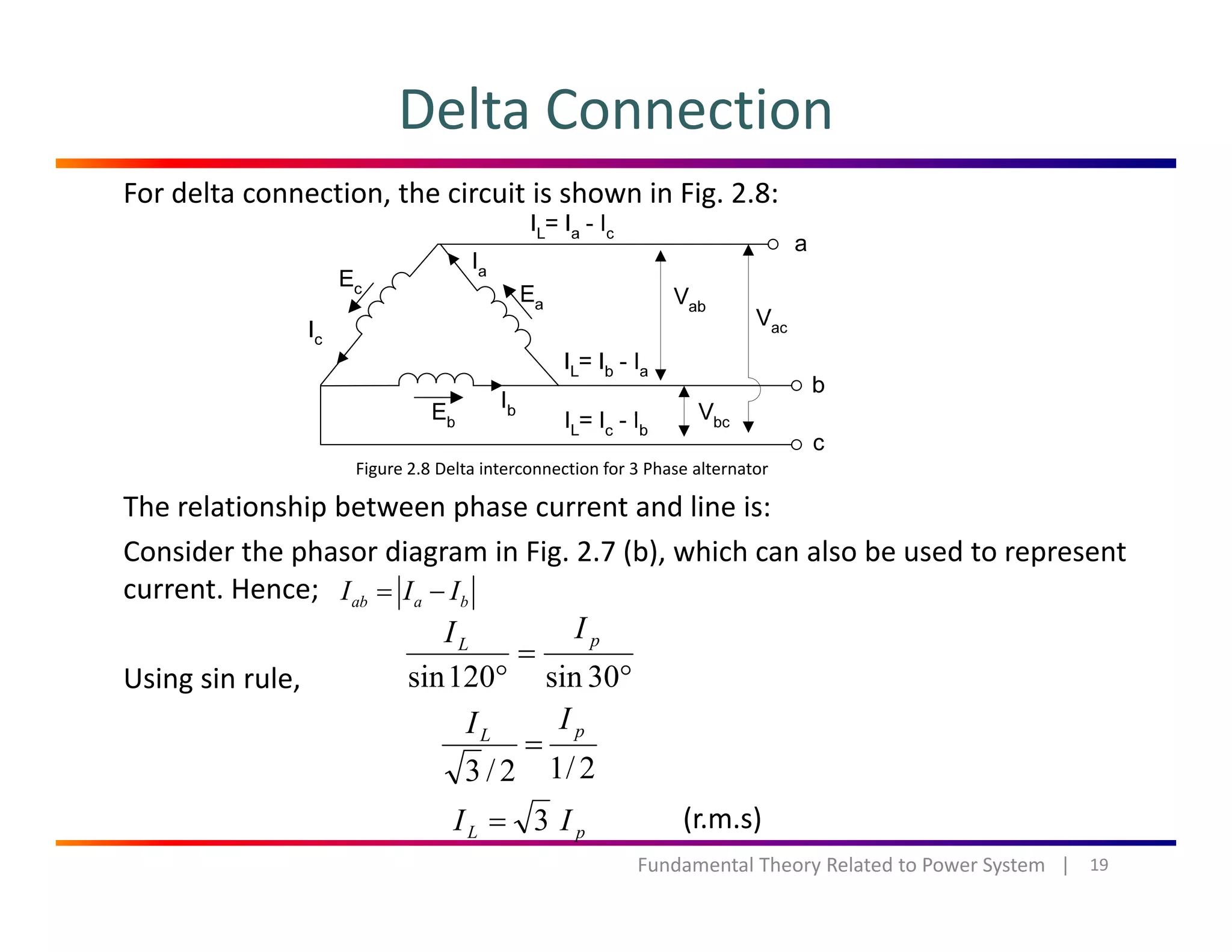 Delta Connection
For delta connection, the circuit is shown in Fig. 2.8:
The relationship between phase current and line is:
Figure 2.8 Delta interconnection for 3 Phase alternator
Consider the phasor diagram in Fig. 2.7 (b), which can also be used to represent 
current. Hence; ab a bI I I= −
=
pL
II
Using sin rule, °
=
° 30sin120sin
2/12/3
pL
II
=
19Fundamental Theory Related to Power System   |
2/12/3
pL II 3= (r.m.s)
 