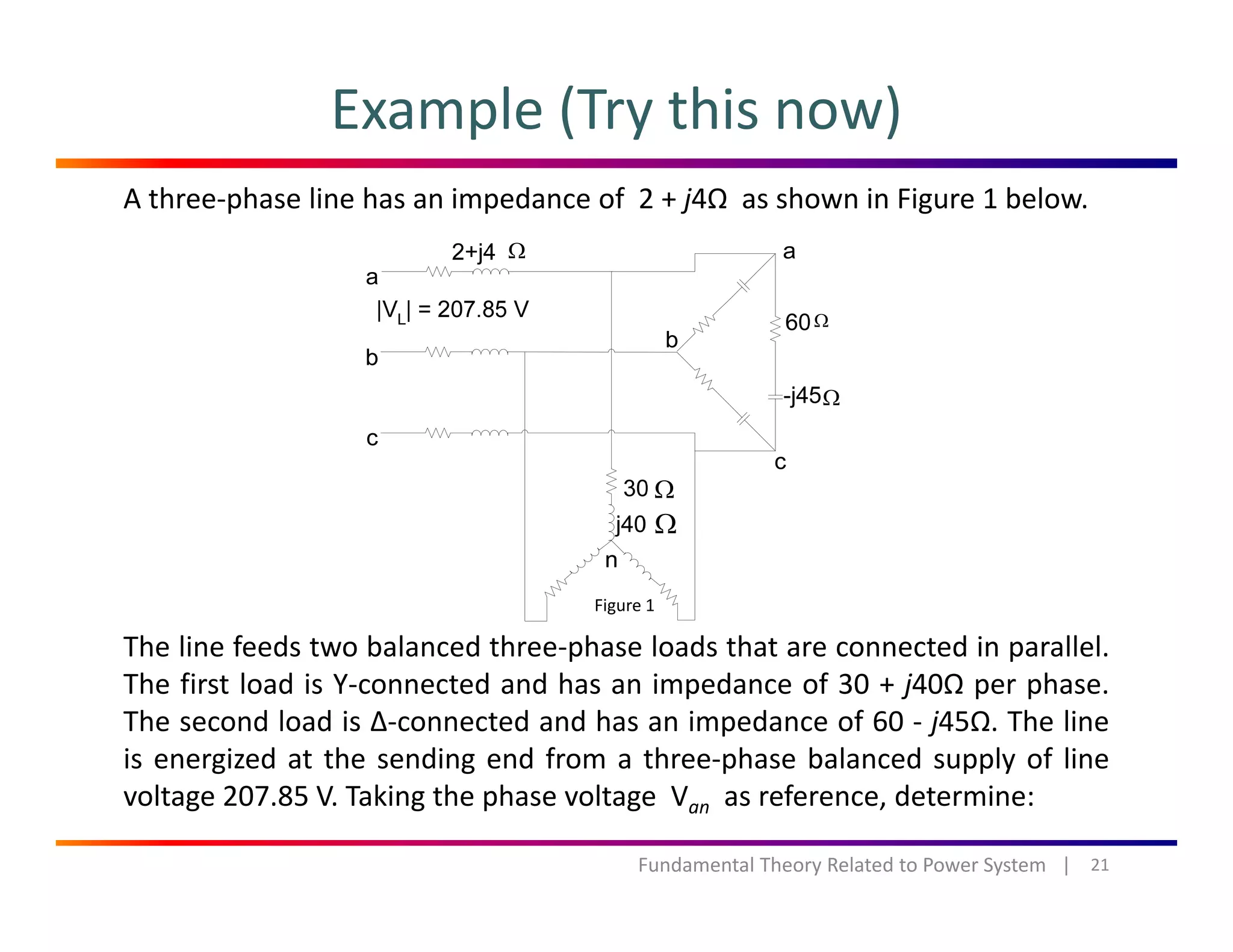 Example (Try this now)
A three‐phase line has an impedance of 2 + j4Ω as shown in Figure 1 below.
Ω
Ω
Ω
Ω
Ω
The line feeds two balanced three‐phase loads that are connected in parallel.
Figure 1
The line feeds two balanced three phase loads that are connected in parallel.
The first load is Y‐connected and has an impedance of 30 + j40Ω per phase.
The second load is ∆‐connected and has an impedance of 60 ‐ j45Ω. The line
is energized at the sending end from a three‐phase balanced supply of line
voltage 207.85 V. Taking the phase voltage Van as reference, determine:
21Fundamental Theory Related to Power System   |
 