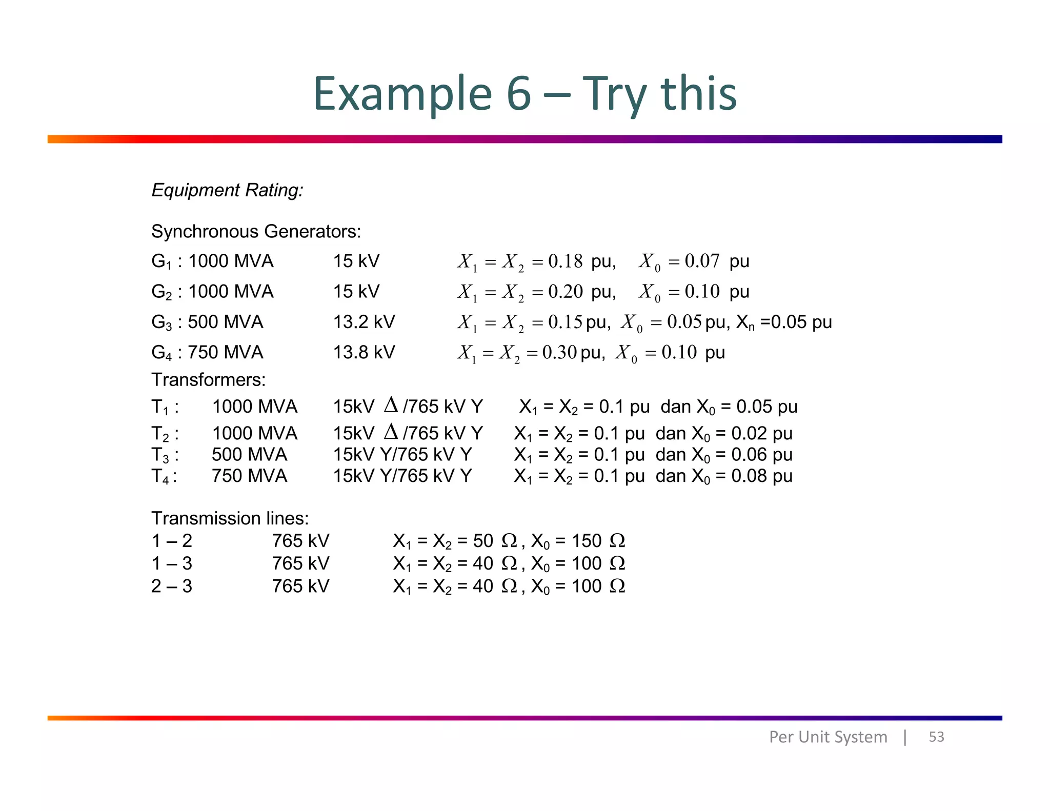 Example 6 – Try this
Equipment Rating:
Synchronous Generators:
G1 : 1000 MVA 15 kV 18.021 == XX pu, 07.00 =X pu
G2 : 1000 MVA 15 kV 20.021 == XX pu, 10.00 =X pu
G3 : 500 MVA 13.2 kV 15.021 == XX pu, 05.00 =X pu, Xn =0.05 pu
G4 : 750 MVA 13 8 kV 0 30X X= = pu 100=X puG4 : 750 MVA 13.8 kV 1 2 0.30X X= = pu, 10.00 =X pu
Transformers:
T1 : 1000 MVA 15kV Δ /765 kV Y X1 = X2 = 0.1 pu dan X0 = 0.05 pu
T2 : 1000 MVA 15kV Δ /765 kV Y X1 = X2 = 0.1 pu dan X0 = 0.02 pu
T3 : 500 MVA 15kV Y/765 kV Y X1 = X2 = 0 1 pu dan X0 = 0 06 puT3 : 500 MVA 15kV Y/765 kV Y X1 = X2 = 0.1 pu dan X0 = 0.06 pu
T4 : 750 MVA 15kV Y/765 kV Y X1 = X2 = 0.1 pu dan X0 = 0.08 pu
Transmission lines:
1 – 2 765 kV X1 = X2 = 50 Ω , X0 = 150 Ω
1 3 765 kV X X 40 Ω X 100 Ω1 – 3 765 kV X1 = X2 = 40 Ω , X0 = 100 Ω
2 – 3 765 kV X1 = X2 = 40 Ω , X0 = 100 Ω
53Per Unit System   |
 