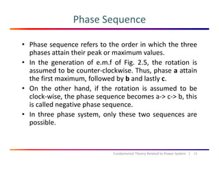 Phase Sequence
• Phase sequence refers to the order in which the three
phases attain their peak or maximum valuesphases attain their peak or maximum values.
• In the generation of e.m.f of Fig. 2.5, the rotation is
assumed to be counter‐clockwise. Thus, phase a attain, p
the first maximum, followed by b and lastly c.
• On the other hand, if the rotation is assumed to be
l k i th h b > > b thiclock‐wise, the phase sequence becomes a‐> c‐> b, this
is called negative phase sequence.
• In three phase system, only these two sequences areIn three phase system, only these two sequences are
possible.
13Fundamental Theory Related to Power System   |
 