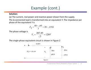 Example (cont.)
Solution:
(a) The current, real power and reactive power drawn from the supply.
The ∆‐connected load is transformed into an equivalent Y. The impedance per
h f h i l Y iphase of the equivalent Y is
Ω−=
−
= 1520
3
4560
2 j
j
Z
The phase voltage is
VV 120
3
85.207
1 ==
The single‐phase equivalent circuit is shown in Figure 2
Ω
Ω
Ω
Ω
Ω
V0120∠
23Fundamental Theory Related to Power System   |
Figure 2
 