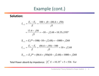Example (cont.)
Solution:
)506.86(010021 jjEE
I
+−+
=
−
=
5
21
jZ
I ==−
°∠=−−=
−
= 19535.1068.210
504.13
j
j
5
j
j
2681000)68.210(100*121 jjIES +−=+−==−
68.210
5
100)506.86(12
12 j
j
j
Z
EE
I +=
−+
=
−
=−
2681000)68.210)(506.86(*212 jjjIES +=−+==−
Total Power absorb by impedance: VarXI 53653510 22
=×=
6Fundamental Theory Related to Power System   |
Total Power absorb by impedance:  VarXI 536535.10 =×=
 
