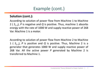 Example (cont.)
Solution (cont.):
According to solution of power flow from Machine 1 to Machine
( ) d h h b b2 ( S1‐2), P is negative and Q is positive. Thus, machine 1 absorbs
energy with the rate of 1000 W and supply reactive power of 268
Var. Machine 1 is a motor.
According to solution of power flow from Machine 2 to Machine
1 ( S2‐1), P is positive and Q is positive. Thus, Machine 2 is a
generator that generates 1000 W and supply reactive power of
268 Var. All the active power P generated by Machine 2 isp g y
transferred to Machine 1.
7Fundamental Theory Related to Power System   |
 