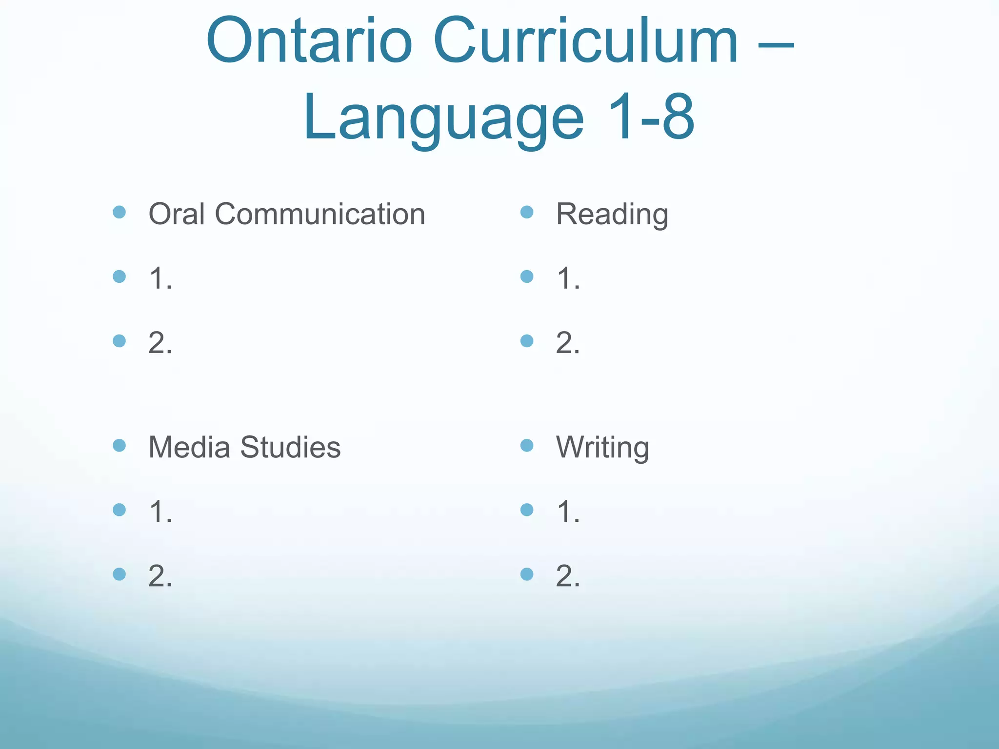 Ontario Curriculum – 
Language 1-8 
 Oral Communication 
 1. 
 2. 
 Media Studies 
 1. 
 2. 
 Reading 
 1. 
 2. 
 Writing 
 1. 
 2. 
 