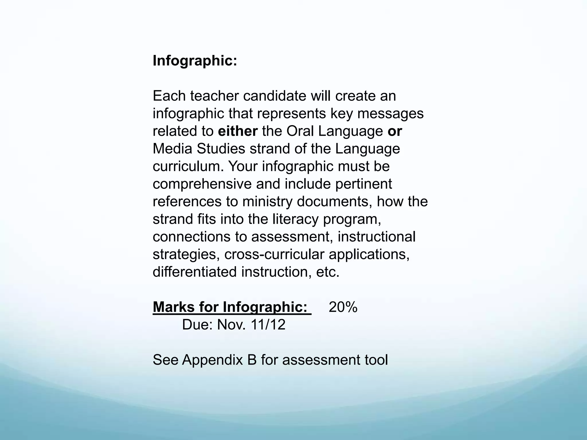 Infographic: 
Each teacher candidate will create an 
infographic that represents key messages 
related to either the Oral Language or 
Media Studies strand of the Language 
curriculum. Your infographic must be 
comprehensive and include pertinent 
references to ministry documents, how the 
strand fits into the literacy program, 
connections to assessment, instructional 
strategies, cross-curricular applications, 
differentiated instruction, etc. 
Marks for Infographic: 20% 
Due: Nov. 11/12 
See Appendix B for assessment tool 
