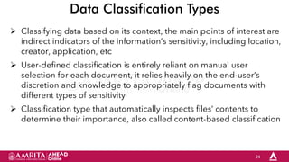 24
Data Classification Types
 Classifying data based on its context, the main points of interest are
indirect indicators of the information’s sensitivity, including location,
creator, application, etc
 User-defined classification is entirely reliant on manual user
selection for each document, it relies heavily on the end-user’s
discretion and knowledge to appropriately flag documents with
different types of sensitivity
 Classification type that automatically inspects files’ contents to
determine their importance, also called content-based classification
 