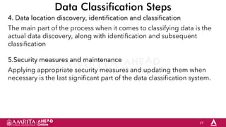 27
Data Classification Steps
4. Data location discovery, identification and classification
The main part of the process when it comes to classifying data is the
actual data discovery, along with identification and subsequent
classification
5.Security measures and maintenance
Applying appropriate security measures and updating them when
necessary is the last significant part of the data classification system.
 