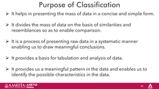 30
Purpose of Classification
 It helps in presenting the mass of data in a concise and simple form.
 It divides the mass of data on the basis of similarities and
resemblances so as to enable comparison.
 It is a process of presenting raw data in a systematic manner
enabling us to draw meaningful conclusions.
 It provides a basis for tabulation and analysis of data.
 It provides us a meaningful pattern in the data and enables us to
identify the possible characteristics in the data.
 