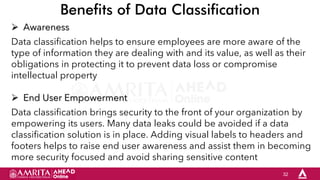 32
Benefits of Data Classification
 Awareness
Data classification helps to ensure employees are more aware of the
type of information they are dealing with and its value, as well as their
obligations in protecting it to prevent data loss or compromise
intellectual property
 End User Empowerment
Data classification brings security to the front of your organization by
empowering its users. Many data leaks could be avoided if a data
classification solution is in place. Adding visual labels to headers and
footers helps to raise end user awareness and assist them in becoming
more security focused and avoid sharing sensitive content
 