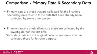 6
Comparison - Primary Data & Secondary Data
 Primary data are those that are collected for the first time
Secondary data refer to those data that have already been
collected by some other person
 Primary data are original because these are collected by the
investigator for the first time
Secondary data are not original because someone else has
collected these for his own purpose
 