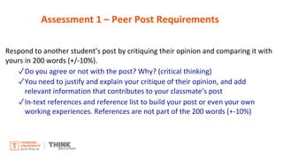 Respond to another student’s post by critiquing their opinion and comparing it with
yours in 200 words (+/-10%).
✓Do you agree or not with the post? Why? (critical thinking)
✓You need to justify and explain your critique of their opinion, and add
relevant information that contributes to your classmate’s post
✓In-text references and reference list to build your post or even your own
working experiences. References are not part of the 200 words (+-10%)
Assessment 1 – Peer Post Requirements
 