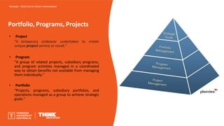 Portfolio, Programs, Projects
PROJ6000 – PRINCIPLES OF PROJECT MANAGEMENT
create
• Project
“A temporary endeavor undertaken to
unique project service or result.”
• Program
“A group of related projects, subsidiary programs,
and program activities managed in a coordinated
way to obtain benefits not available from managing
them individually.”
• Portfolio
“Projects, programs, subsidiary portfolios, and
operations managed as a group to achieve strategic
goals.”
 