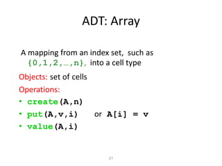 21
A mapping from an index set, such as
{0,1,2,…,n}, into a cell type
Objects: set of cells
Operations:
• create(A,n)
• put(A,v,i) or A[i] = v
• value(A,i)
ADT: Array
 