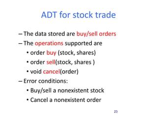 23
ADT for stock trade
– The data stored are buy/sell orders
– The operations supported are
• order buy (stock, shares)
• order sell(stock, shares )
• void cancel(order)
– Error conditions:
• Buy/sell a nonexistent stock
• Cancel a nonexistent order
 