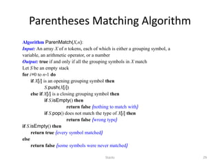 Stacks 29
Parentheses Matching Algorithm
Algorithm ParenMatch(X,n):
Input: An array X of n tokens, each of which is either a grouping symbol, a
variable, an arithmetic operator, or a number
Output: true if and only if all the grouping symbols in X match
Let S be an empty stack
for i=0 to n-1 do
if X[i] is an opening grouping symbol then
S.push(X[i])
else if X[i] is a closing grouping symbol then
if S.isEmpty() then
return false {nothing to match with}
if S.pop() does not match the type of X[i] then
return false {wrong type}
if S.isEmpty() then
return true {every symbol matched}
else
return false {some symbols were never matched}
 