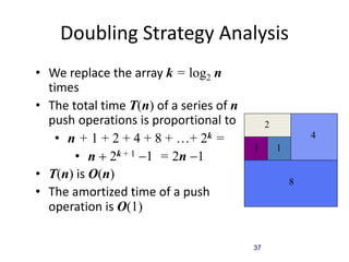 37
Doubling Strategy Analysis
• We replace the array k = log2 n
times
• The total time T(n) of a series of n
push operations is proportional to
• n + 1 + 2 + 4 + 8 + …+ 2k =
• n + 2k + 1 -1 = 2n -1
• T(n) is O(n)
• The amortized time of a push
operation is O(1)
geometric series
1
2
1
4
8
 