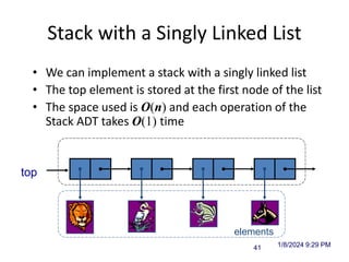 1/8/2024 9:29 PM
Vectors 41
Stack with a Singly Linked List
• We can implement a stack with a singly linked list
• The top element is stored at the first node of the list
• The space used is O(n) and each operation of the
Stack ADT takes O(1) time

t
nodes
elements
top
 