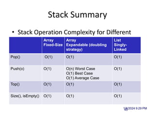 Stack Summary
• Stack Operation Complexity for Different
Implementations
1/8/2024 9:29 PM
Vectors 43
Array
Fixed-Size
Array
Expandable (doubling
strategy)
List
Singly-
Linked
Pop() O(1) O(1) O(1)
Push(o) O(1) O(n) Worst Case
O(1) Best Case
O(1) Average Case
O(1)
Top() O(1) O(1) O(1)
Size(), isEmpty() O(1) O(1) O(1)
 