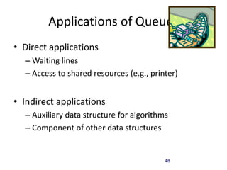 48
Applications of Queues
• Direct applications
– Waiting lines
– Access to shared resources (e.g., printer)
• Indirect applications
– Auxiliary data structure for algorithms
– Component of other data structures
 