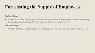 Forecasting the Supply of Employees
Staffing Tables
• A table that shows a firm’s jobs, along with the numbers of employees currently occupying
those jobs and future (monthly or yearly) employment requirements.
Markov Analysis
• A method for tracking the pattern of employee movements through various jobs in a firm.
 