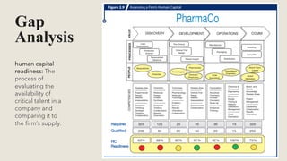 Gap
Analysis
human capital
readiness: The
process of
evaluating the
availability of
critical talent in a
company and
comparing it to
the firm’s supply.
 