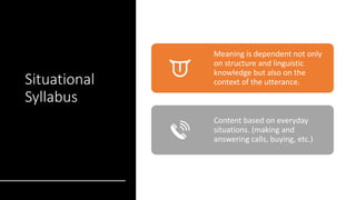 Situational
Syllabus
Meaning is dependent not only
on structure and linguistic
knowledge but also on the
context of the utterance.
Content based on everyday
situations. (making and
answering calls, buying, etc.)
 