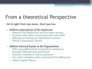 From a theoretical Perspective
Get it right! Don’t pay more.. Don’t pay less
• Address expectations of the employees
▫ Attend to the Market pay and use salary surveys
▫ Evaluate what others are paying in the same field
▫ Align pay to strategy as expectations increase
▫ Vroom’s Expectancy Theory
• Address Internal Equity in the Organization
▫ Offer wage differentials acceptable to employees
▫ Consider different tasks performed
▫ Consider seniority of various positions
▫ Use a job evaluation tool to understand the differences
▫ Adam’s Equity Theory
 