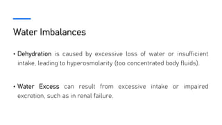 Water Imbalances
• Dehydration is caused by excessive loss of water or insufficient
intake, leading to hyperosmolarity (too concentrated body fluids).
• Water Excess can result from excessive intake or impaired
excretion, such as in renal failure.
 