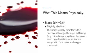 What This Means Physically
• Blood (pH ~7.4)
• Slightly alkaline
• The body strictly maintains this
narrow pH range through buffering
(e.g., bicarbonate system) because
even tiny deviations can impair
enzymatic functions and oxygen
transport.
 