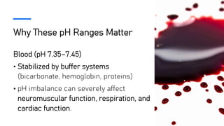 Why These pH Ranges Matter
Blood (pH 7.35–7.45)
• Stabilized by buffer systems
(bicarbonate, hemoglobin, proteins)
• pH imbalance can severely affect
neuromuscular function, respiration, and
cardiac function.
 