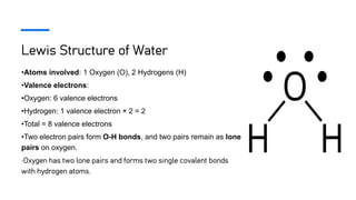 Lewis Structure of Water
•Atoms involved: 1 Oxygen (O), 2 Hydrogens (H)
•Valence electrons:
•Oxygen: 6 valence electrons
•Hydrogen: 1 valence electron × 2 = 2
•Total = 8 valence electrons
•Two electron pairs form O-H bonds, and two pairs remain as lone
pairs on oxygen.
•Oxygen has two lone pairs and forms two single covalent bonds
with hydrogen atoms.
 
