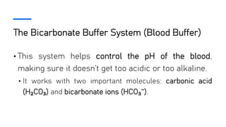The Bicarbonate Buffer System (Blood Buffer)
• This system helps control the pH of the blood,
making sure it doesn’t get too acidic or too alkaline.
• It works with two important molecules: carbonic acid
(H₂CO₃) and bicarbonate ions (HCO₃⁻).
 