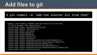 Add files to git
$ git commit -m "add the starter kit from Chef"
[master (root-commit) 2af68fb] add the starter kit from Chef
13 files changed, 360 insertions(+)
create mode 100644 .berkshelf/config.json
create mode 100644 .chef/knife.rb
create mode 100644 .gitignore
create mode 100644 Berksfile
create mode 100644 README.md
create mode 100644 Vagrantfile
create mode 100644 chefignore
create mode 100644 cookbooks/starter/attributes/default.rb
create mode 100644 cookbooks/starter/files/default/sample.txt
create mode 100644 cookbooks/starter/metadata.rb
create mode 100644 cookbooks/starter/recipes/default.rb
create mode 100644 cookbooks/starter/templates/default/sample.erb
create mode 100644 roles/starter.rb

 