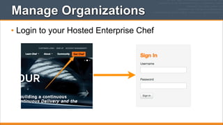 Manage Organizations
• Login to your Hosted Enterprise Chef

 