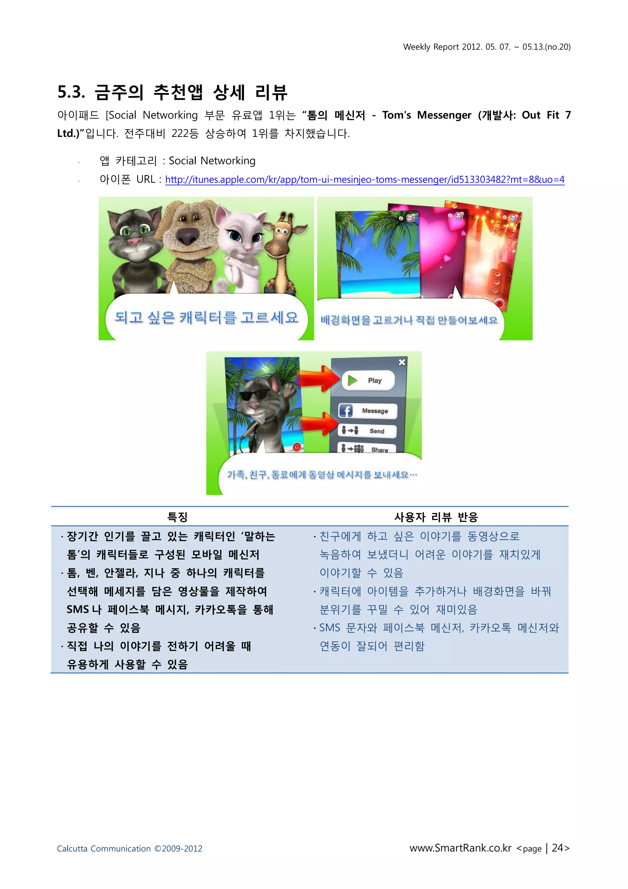 Weekly Report 2012. 05. 07. ~ 05.13.(no.20)




5.3. 금주의 추천앱 상세 리뷰
아이패드 [Social Networking 부문 유료앱 1위는 “톰의 메신저 - Tom's Messenger (개발사: Out Fit 7
Ltd.)”입니다. 전주대비 222등 상승하여 1위를 차지했습니다.

    ∙    앱 카테고리 : Social Networking
    ∙    아이폰 URL : http://itunes.apple.com/kr/app/tom-ui-mesinjeo-toms-messenger/id513303482?mt=8&uo=4




                        특징                                         사용자 리뷰 반응
∙ 장기간 인기를 끌고 있는 캐릭터인 ‘말하는                          ∙ 친구에게 하고 싶은 이야기를 동영상으로
  톰’의 캐릭터들로 구성된 모바일 메신저                             녹음하여 보냈더니 어려운 이야기를 재치있게
∙ 톰, 벤, 안젤라, 지나 중 하나의 캐릭터를                          이야기할 수 있음
  선택해 메세지를 담은 영상물을 제작하여                            ∙ 캐릭터에 아이템을 추가하거나 배경화면을 바꿔
  SMS 나 페이스북 메시지, 카카오톡을 통해                          분위기를 꾸밀 수 있어 재미있음
  공유할 수 있음                                         ∙ SMS 문자와 페이스북 메신저, 카카오톡 메신저와
∙ 직접 나의 이야기를 전하기 어려울 때                              연동이 잘되어 편리함
  유용하게 사용할 수 있음




Calcutta Communication ©2009-2012                                      www.SmartRank.co.kr <page | 24>
 
