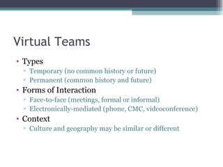 Virtual Teams Types Temporary (no common history or future) Permanent (common history and future) Forms of Interaction Face-to-face (meetings, formal or informal) Electronically-mediated (phone, CMC, videoconference) Context Culture and geography may be similar or different 
