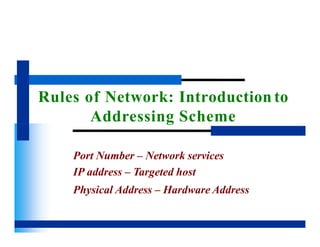Rules of Network: Introduction to
Addressing Scheme
Port Number – Network services
IP address – Targeted host
Physical Address – Hardware Address
 