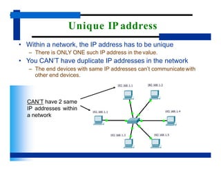 Unique IP address
• Within a network, the IP address has to be unique
– There is ONLY ONE such IP address in the value.
• You CAN’T have duplicate IP addresses in the network
– The end devices with same IP addresses can’t communicate with
other end devices.
CAN’T have 2 same
IP addresses within
a network
 