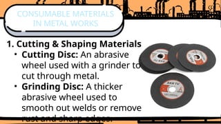 1. Cutting & Shaping Materials
• Cutting Disc: An abrasive
wheel used with a grinder to
cut through metal.
• Grinding Disc: A thicker
abrasive wheel used to
smooth out welds or remove
rust and sharp edges.
CONSUMABLE MATERIALS
IN METAL WORKS
 