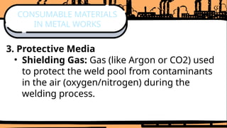 3. Protective Media
• Shielding Gas: Gas (like Argon or CO2) used
to protect the weld pool from contaminants
in the air (oxygen/nitrogen) during the
welding process.
CONSUMABLE MATERIALS
IN METAL WORKS
 