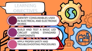 IDENTIFY CONSUMABLES USED
IN ELECTRICAL AND ELECTRONIC
WORKS
BUILD AND TEST A BASIC LED
CIRCUIT USING STANDARD
COMPONENTS
APPLY PROPER SAFETY AND
TROUBLESHOOTING PROCEDURES
LEARNING
OBJECTIVES
 