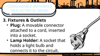 3. Fixtures & Outlets
• Plug: A movable connector
attached to a cord, inserted
into a socket.
• Lamp Holder: A socket that
holds a light bulb and
connects it to the circuit.
CONSUMABLE MATERIALS
IN ELECTRICAL WORK
 