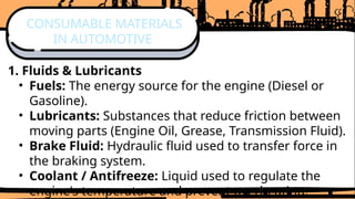 1. Fluids & Lubricants
• Fuels: The energy source for the engine (Diesel or
Gasoline).
• Lubricants: Substances that reduce friction between
moving parts (Engine Oil, Grease, Transmission Fluid).
• Brake Fluid: Hydraulic fluid used to transfer force in
the braking system.
• Coolant / Antifreeze: Liquid used to regulate the
engine's temperature and prevent overheating.
CONSUMABLE MATERIALS
IN AUTOMOTIVE
 