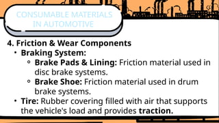 4. Friction & Wear Components
• Braking System:
⚬ Brake Pads & Lining: Friction material used in
disc brake systems.
⚬ Brake Shoe: Friction material used in drum
brake systems.
• Tire: Rubber covering filled with air that supports
the vehicle's load and provides traction.
CONSUMABLE MATERIALS
IN AUTOMOTIVE
 
