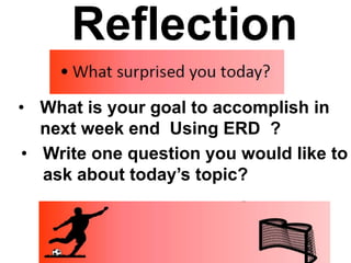 Reflection
• What is your goal to accomplish in
next week end Using ERD ?
• Write one question you would like to
ask about...